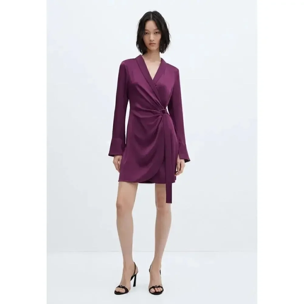 Mango Florence Dress Satin Long Sleeve Buckled Wrap Mini Purple NWT 4